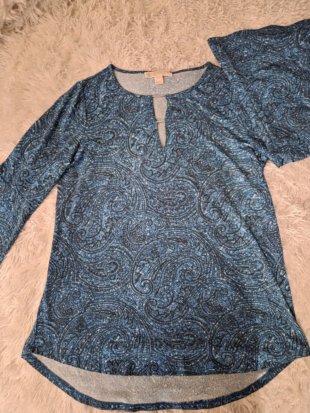 Michael Kors Blue Paisley Keyhole Bell-Sleeve Top, sz M